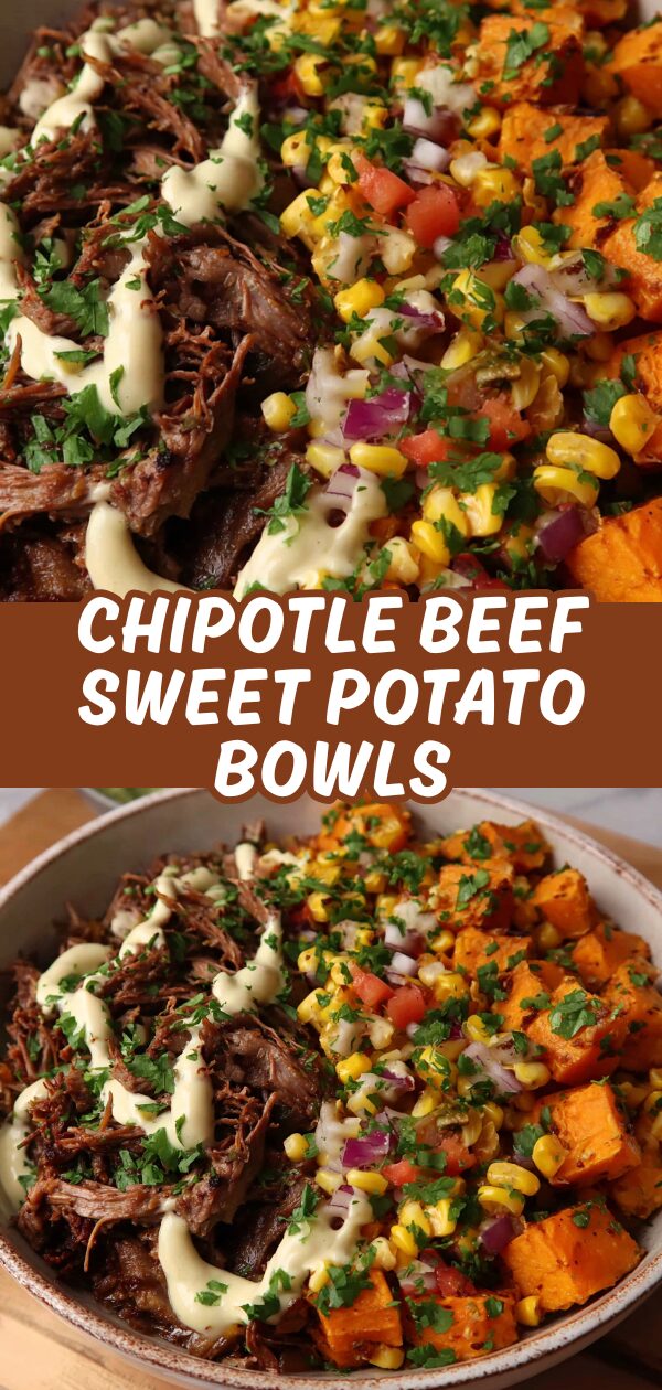 A vibrant bowl showcases tender beef, roasted sweet potatoes, and colorful toppings, promising a flavorful and satisfying meal.