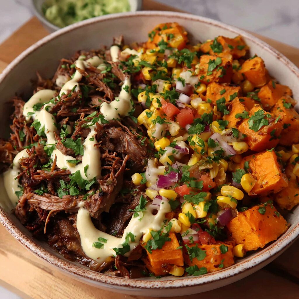 A vibrant photo showcases hearty, southwestern-inspired bowls with tender beef, roasted sweet potatoes, and colorful toppings.