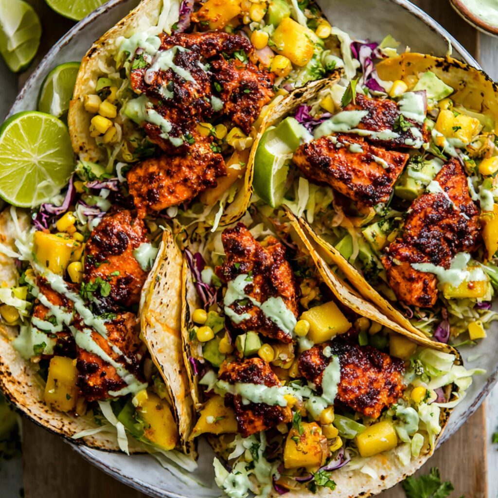 Vibrant salmon tacos burst with fresh peach avocado salsa, hinting at a delightful, summery meal.