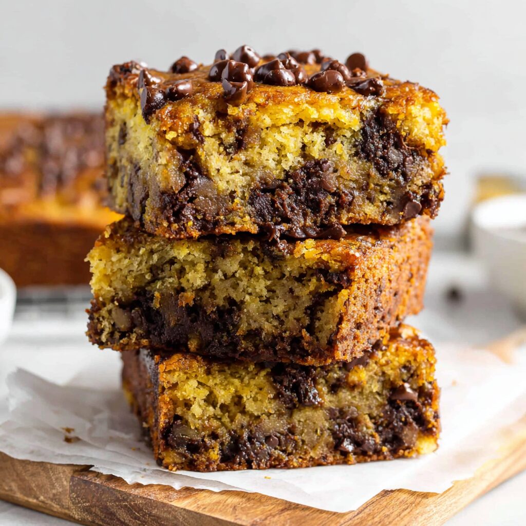 Golden-brown chocolate chip banana bread bars are displayed on a wooden surface, suggesting a delicious baked treat.