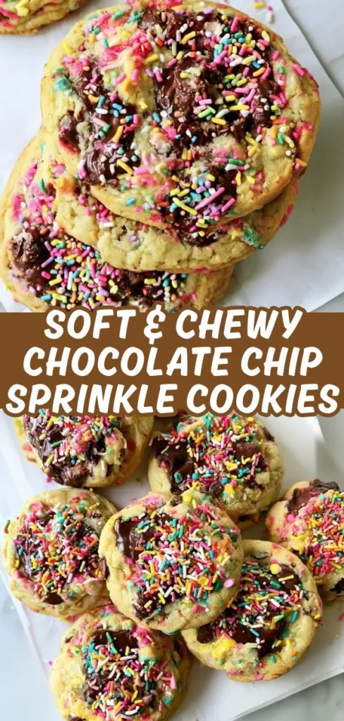Chocolate chip sprinkle cookies piled together on white parchment showing melty chocolate chunks and a generous topping of colorful rainbow sprinkles.
