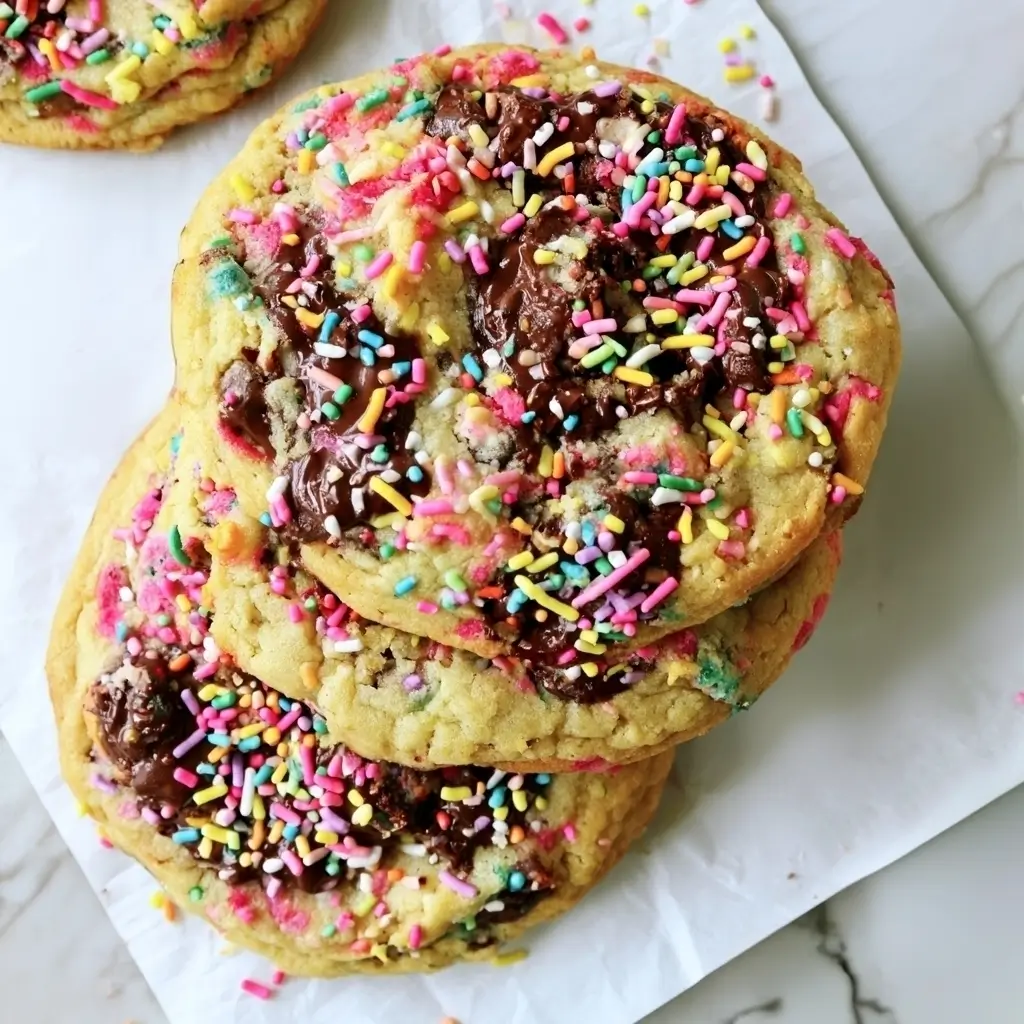 Stacked chocolate chip sprinkle cookies on white parchment with generous melty chocolate pools and vibrant rainbow sprinkles covering the golden tops.
