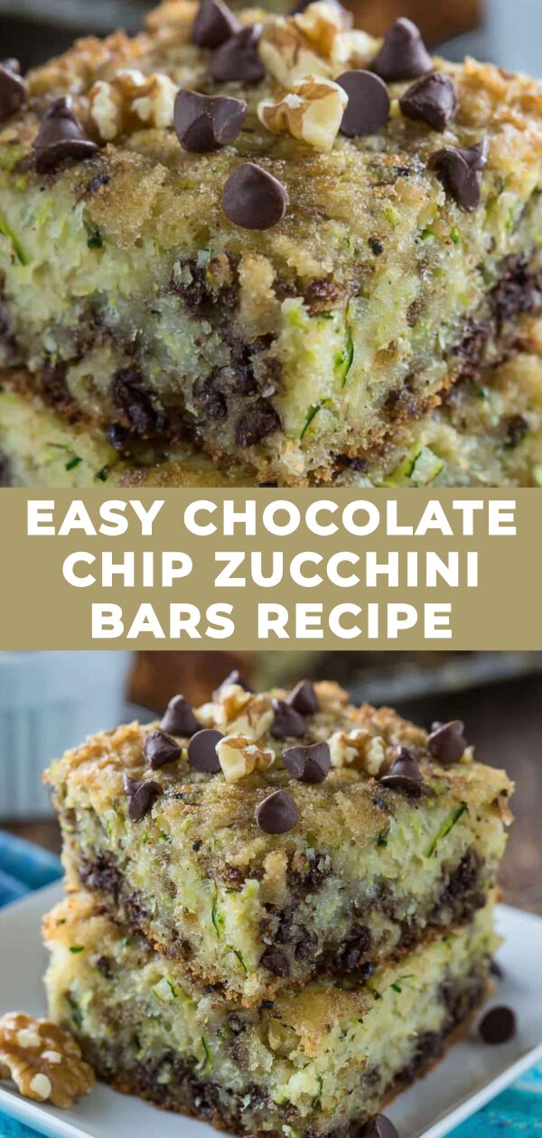 A warm, inviting image displays golden-brown, baked zucchini bars studded with chocolate chips, promising a delicious treat.
