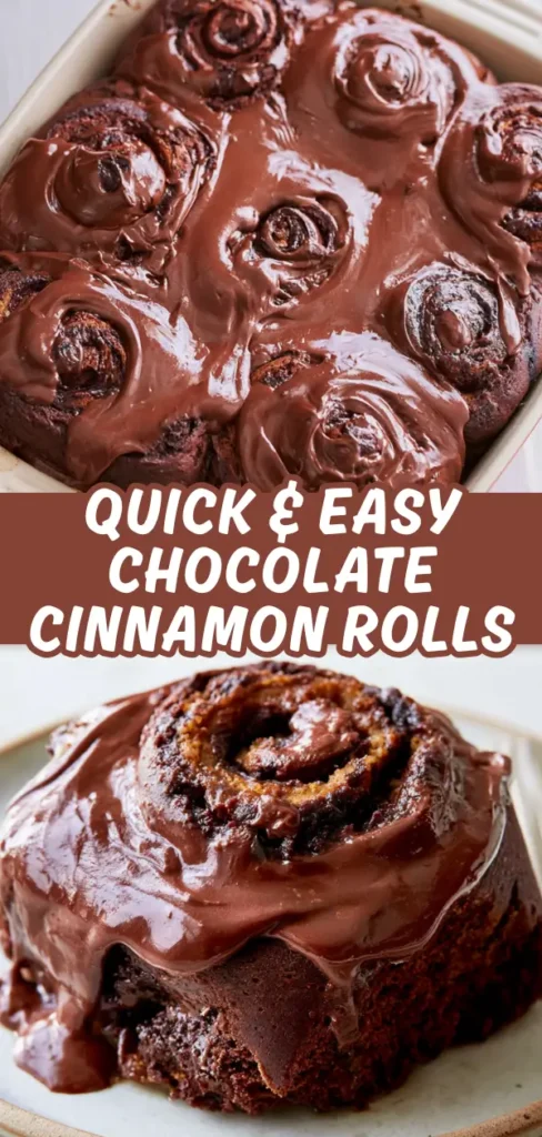 A collage showing a pan of chocolate cinnamon rolls drenched in chocolate frosting alongside a close up of a single gooey roll served on a plate.