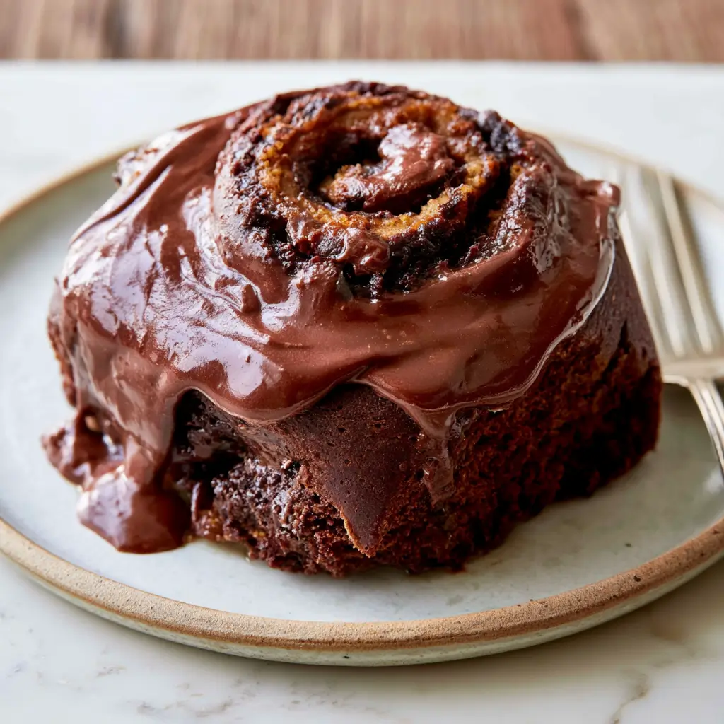 A single oversized chocolate cinnamon roll served on a ceramic plate, generously coated in glossy chocolate frosting that drips down the sides.