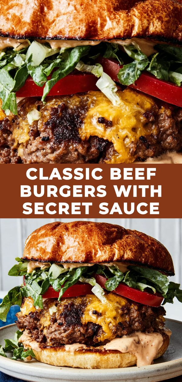 Juicy beef burgers with secret sauce are ready to be devoured, promising a flavorful experience.