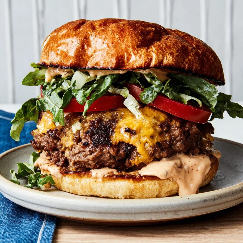 Golden-toasted buns cradle juicy beef patties dripping with secret sauce, promising an epic burger experience.