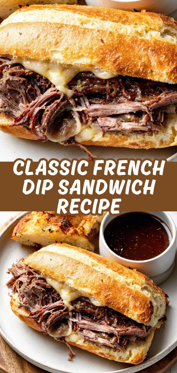 A hearty French dip sandwich features thinly sliced roast beef layered on a crusty baguette, ready to be dipped into a savory au jus.
