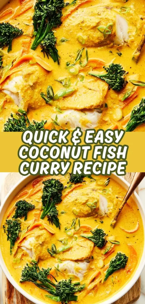 A collage of two shots of coconut fish curry showing a close up of flaky white fish in golden coconut broth with broccolini and carrots, and a full bowl view from above.