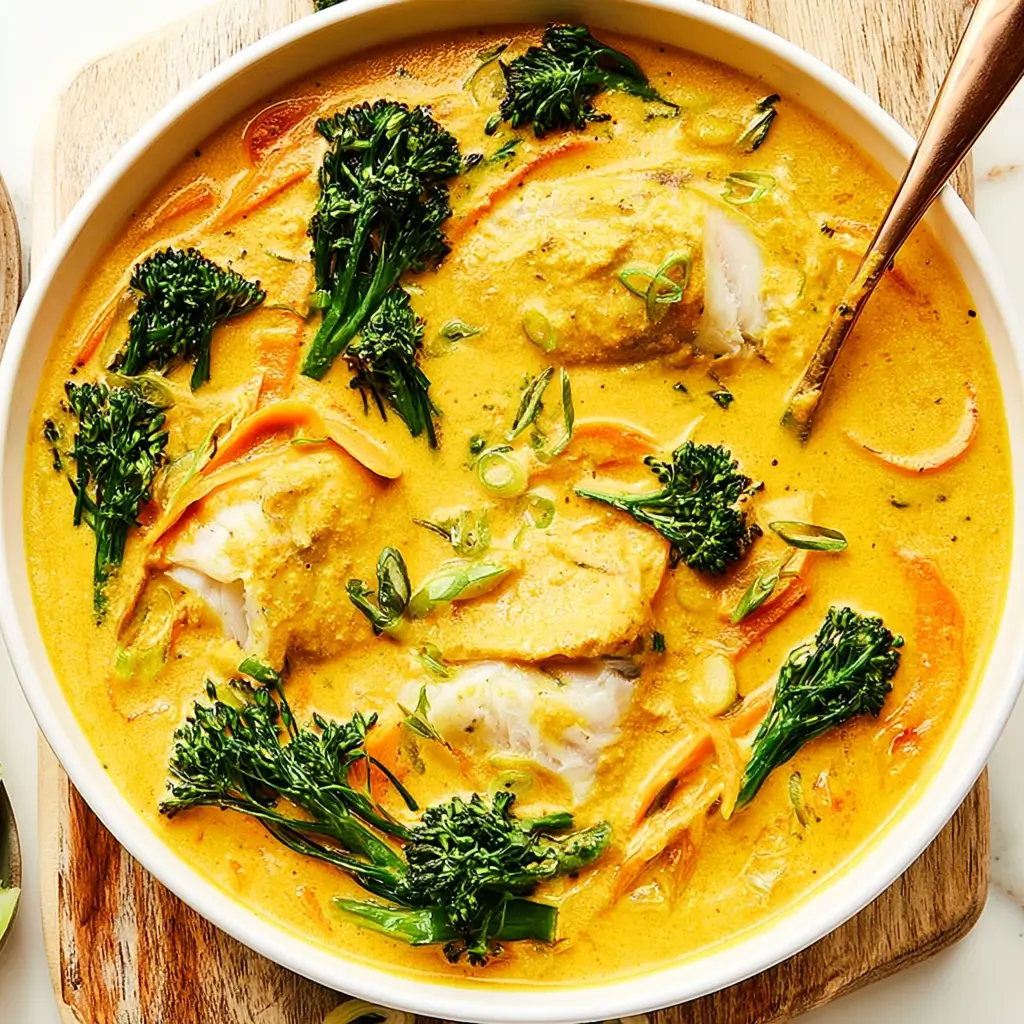 A wide bowl of golden coconut fish curry with tender white fish fillets, broccolini, sliced carrots, and green onions in a rich creamy sauce.