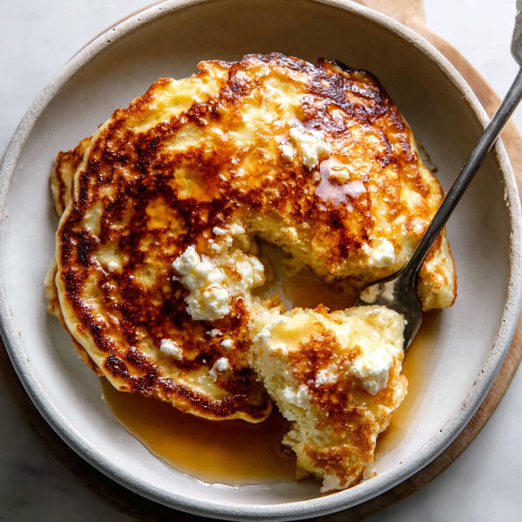 A stack of fluffy pancakes, subtly showcasing ingredients and methods for a cottage cheese-infused breakfast delight.