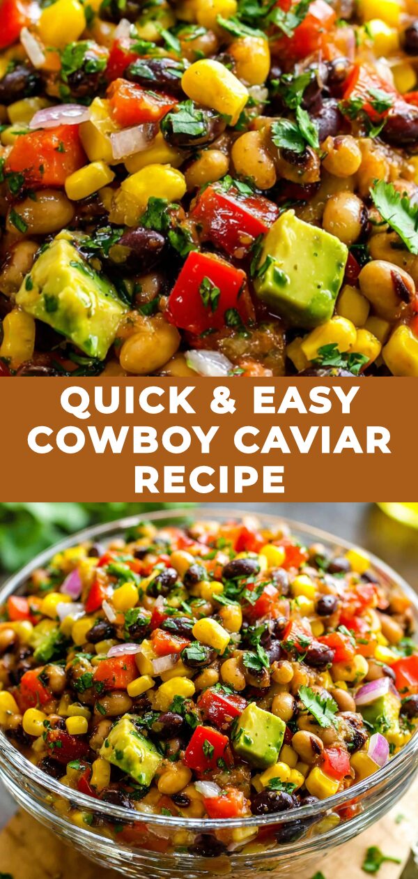 A vibrant bowl of Cowboy Caviar explodes with colorful beans, corn, and peppers, ready to be scooped up and enjoyed.