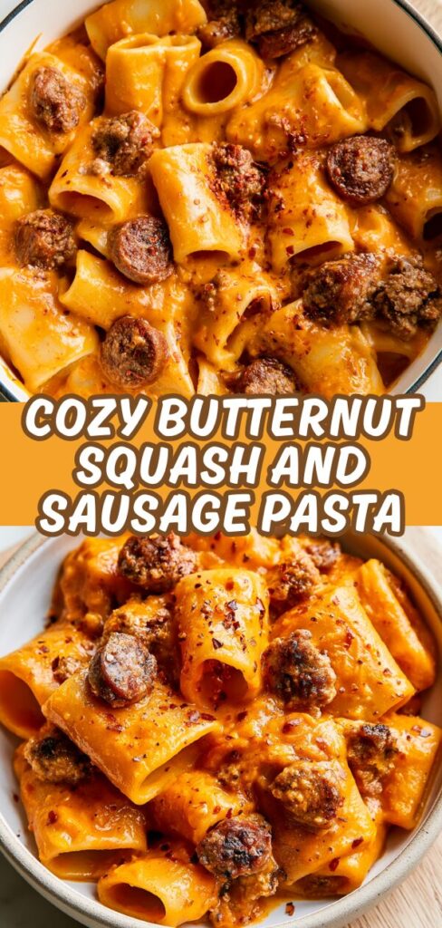 Two stacked views of a creamy rigatoni pasta dish mixed with savory sausage rounds and a vibrant butternut squash sauce.