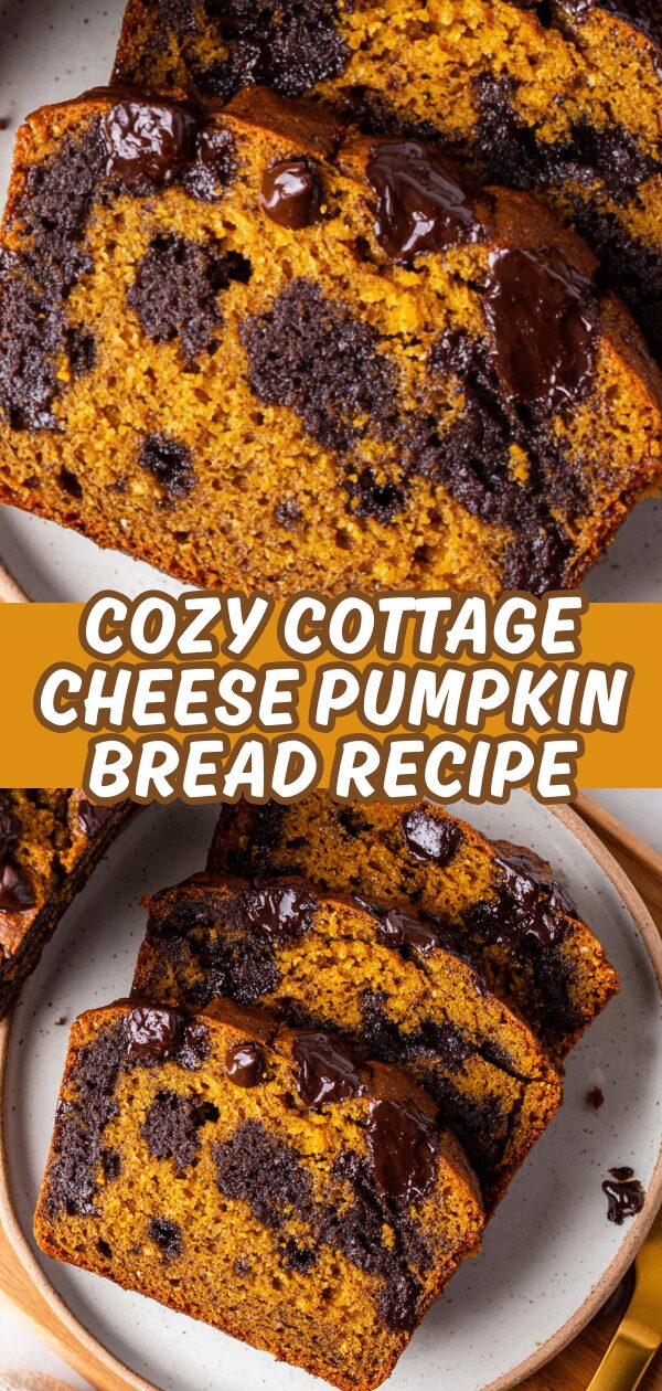 Golden-brown pumpkin bread, enriched with cottage cheese, rests invitingly on a rustic wooden surface, hinting at a comforting, homemade treat.
