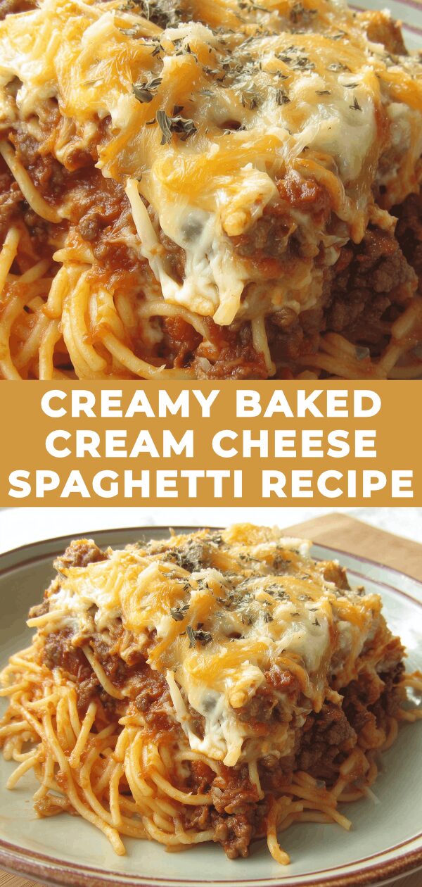 A comforting plate of creamy baked cream cheese spaghetti simmers with rich textures and savory aromas.