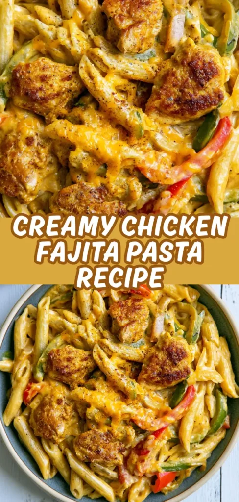 A two photo collage of creamy chicken fajita pasta showing a close up of golden seared chicken and melted cheddar over penne, paired with a full bowl shot from above.