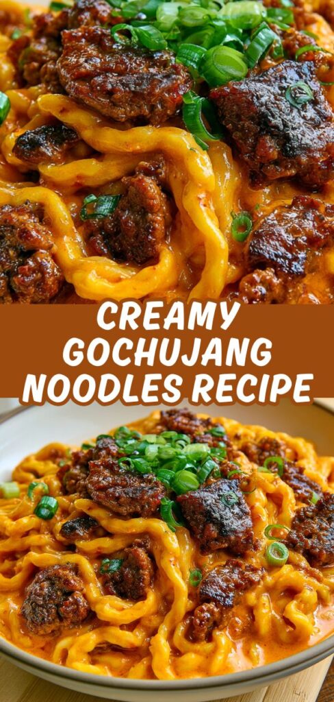 A split-image graphic highlighting the rich texture of creamy gochujang noodles topped with crispy beef and fresh scallions.