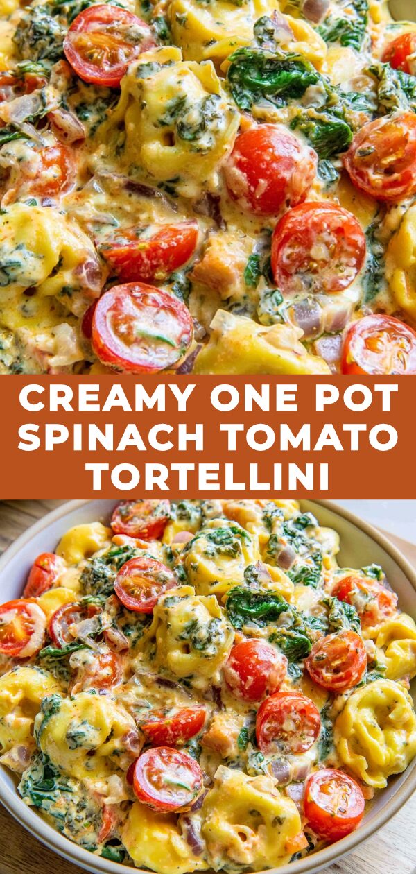 A vibrant, cheesy, and creamy one-pot pasta dish overflows with spinach and tomatoes, bubbling invitingly.