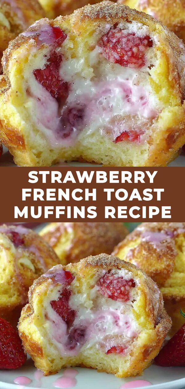 Golden, fluffy French toast muffins studded with vibrant strawberries promise a delightful, handheld breakfast.