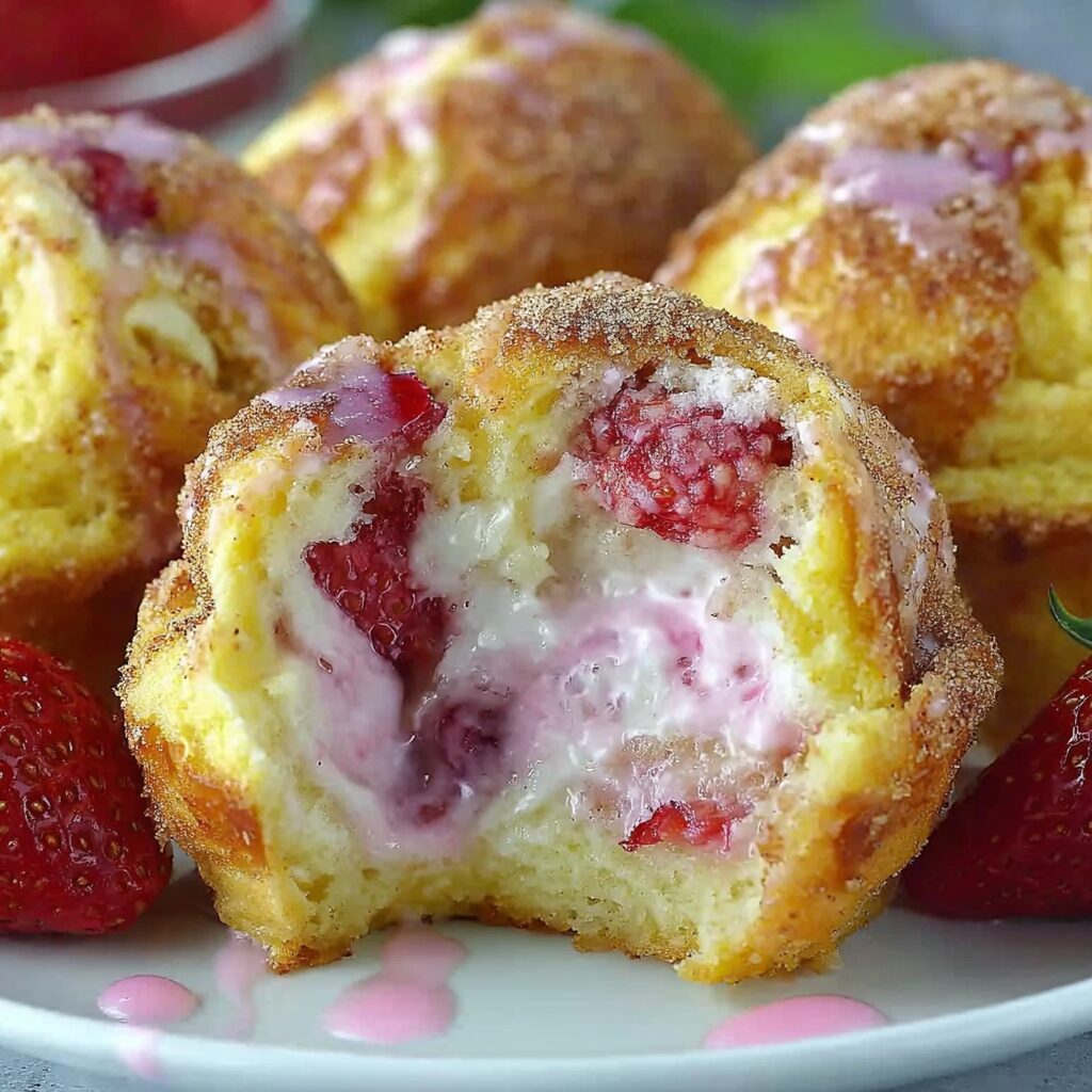 Fluffy, golden-brown muffins overflow with strawberries, promising an easy and delicious breakfast or brunch treat.