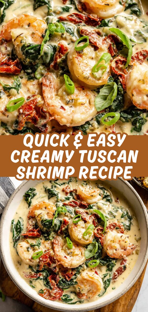 A vibrant, creamy shrimp dish with sun-dried tomatoes and spinach beckons the hungry eye.