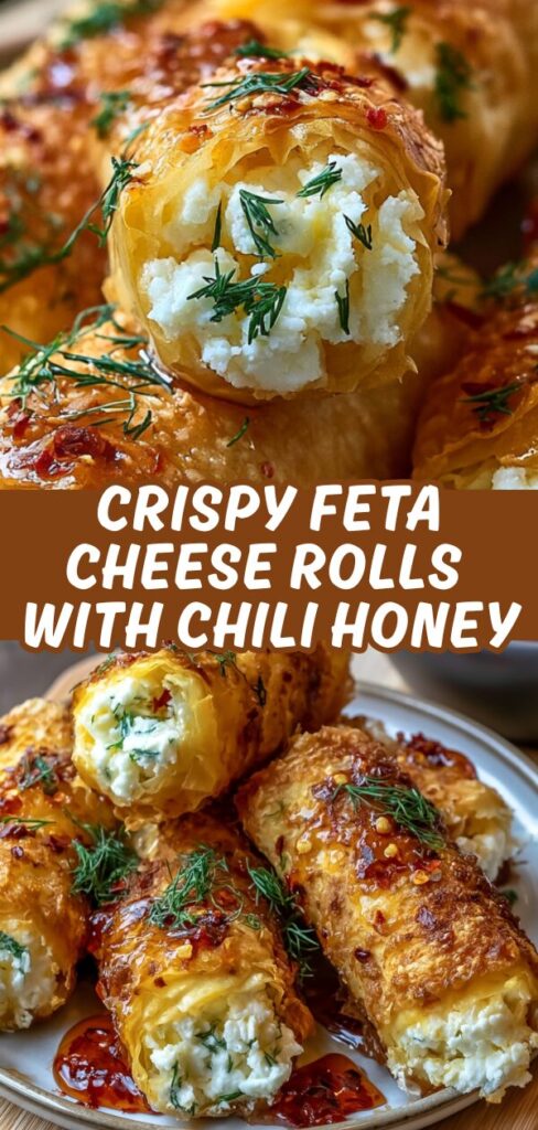 A stunning vertical recipe graphic showing a close-up of a crispy feta roll and a full plate drizzled with spicy chili honey.