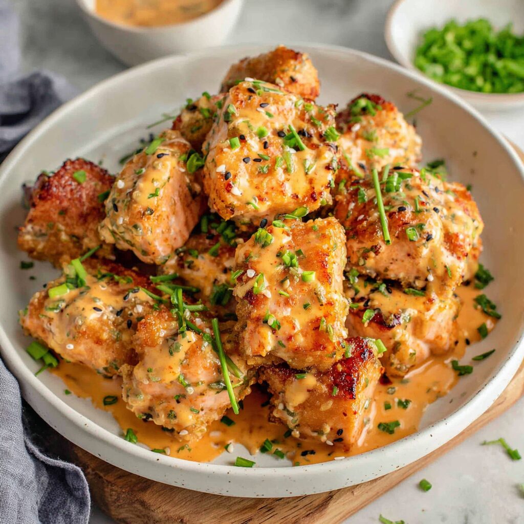 Golden-brown salmon morsels, drizzled with a creamy, vibrant sauce, promise an explosion of flavor in every bite.