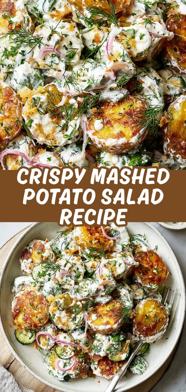 Golden-brown, pan-fried potato patties sit atop a bed of creamy potato salad, offering a delightful contrast in textures and flavors.