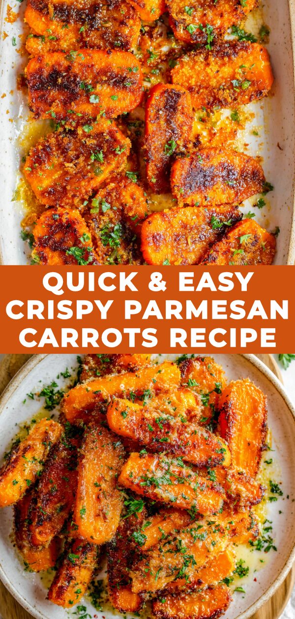Golden-brown roasted carrots gleam under a sprinkle of parmesan, promising a delightful side dish.