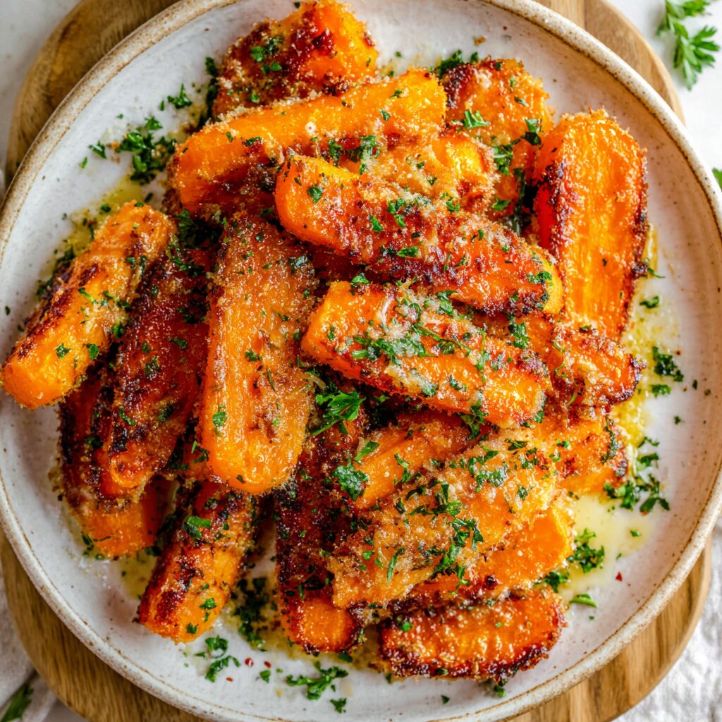 Golden-brown carrots, coated in parmesan, gleam enticingly on a baking sheet, promising a flavorful, crunchy side dish.