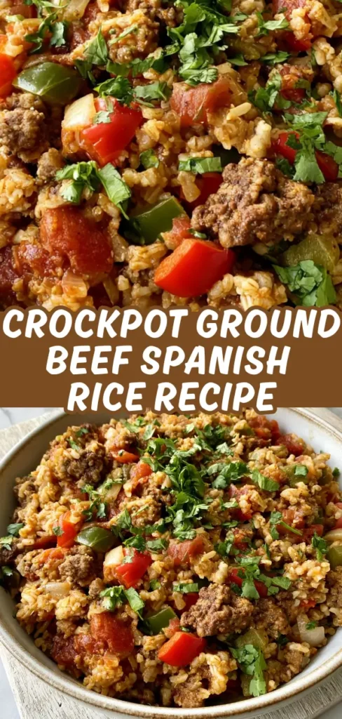 A hearty bowl of crockpot ground beef Spanish rice garnished with fresh cilantro.