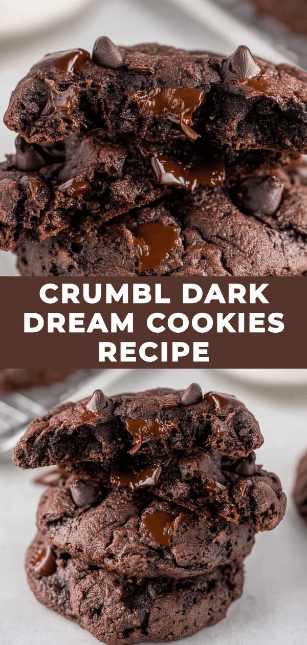 A decadent, perfectly baked Crumbl Dark Dream cookie boasts a generous swirl of frosting and chocolate drizzle, ready to satisfy any sweet craving.