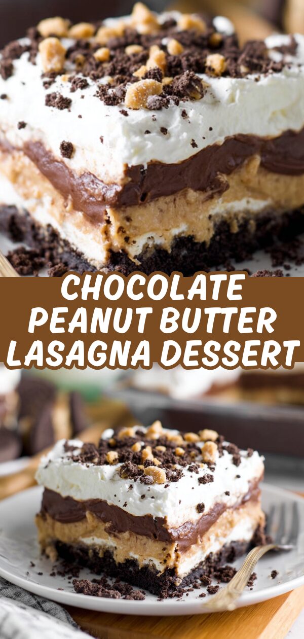 Layers of chocolate and peanut butter bliss culminate in a rich and tempting dessert lasagna, ready to be devoured.