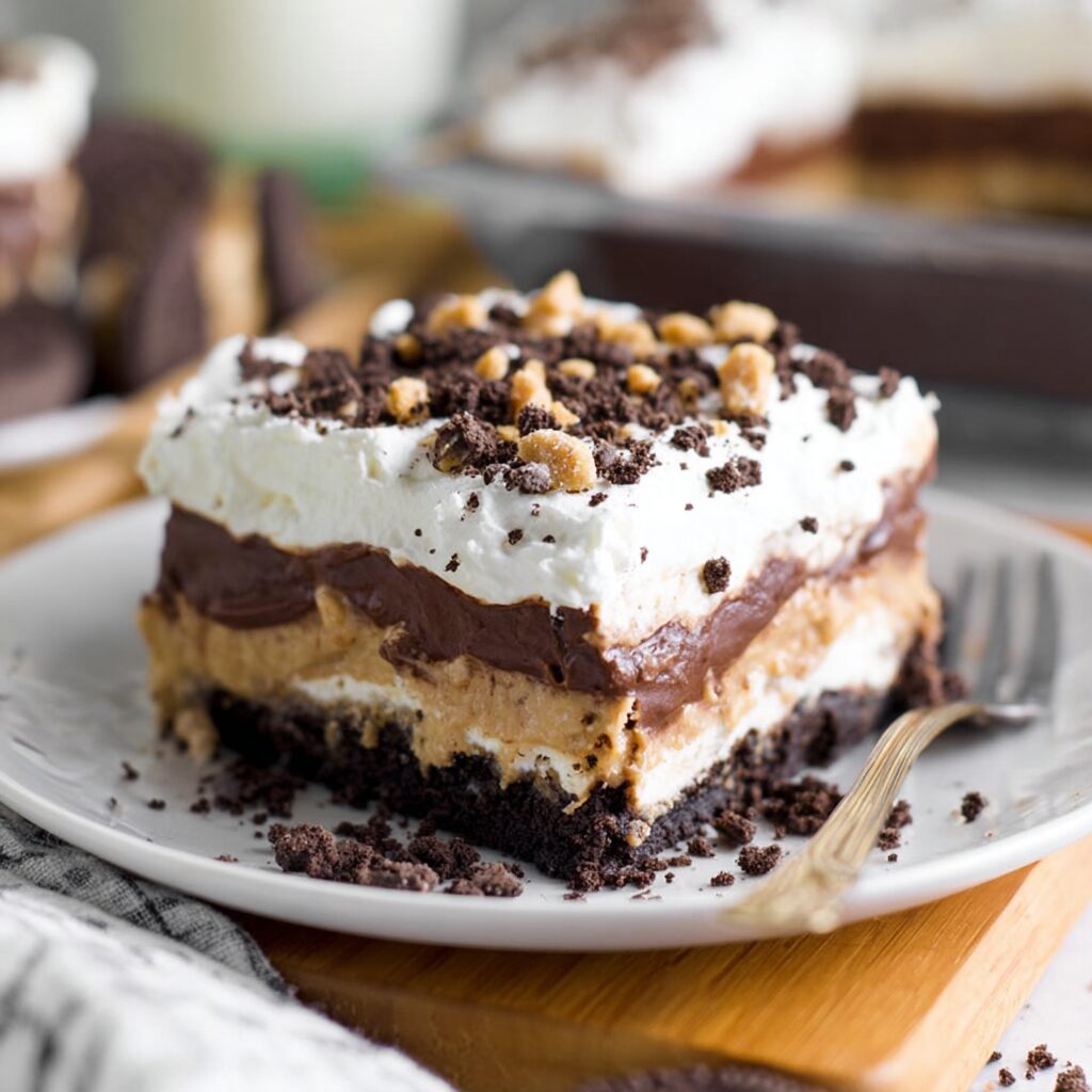 Layers of chocolate and peanut butter decadence tempt the senses in this dessert lasagna.