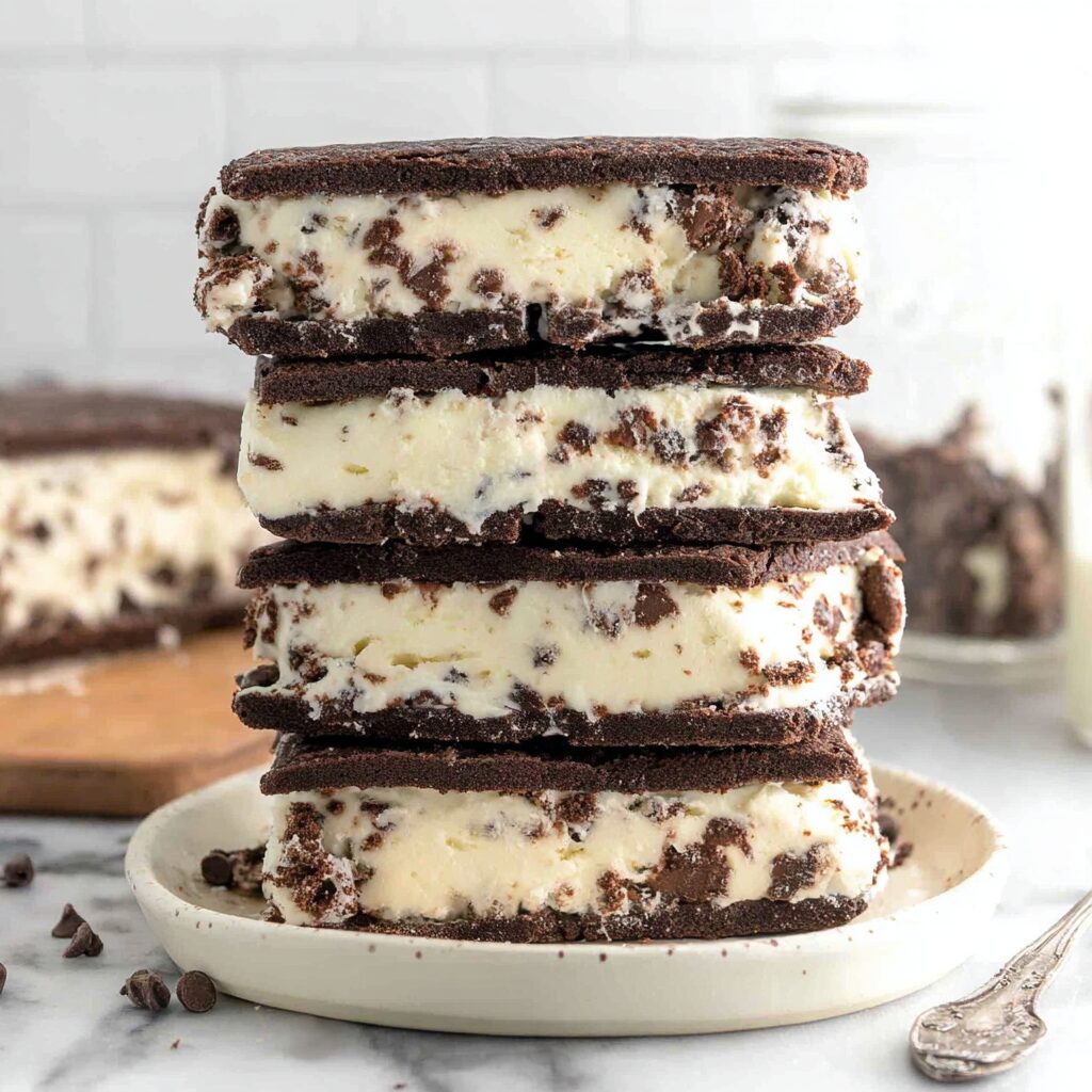A stack of ice cream sandwiches, made with homemade cookies and creamy ice cream, promises a delightful treat.