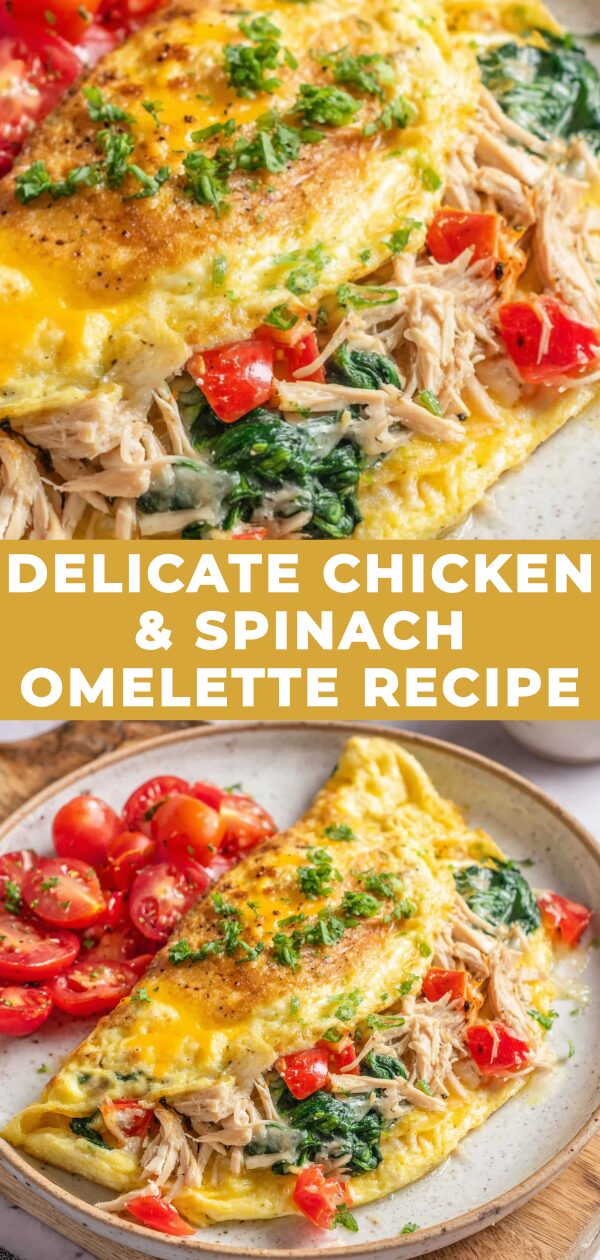 A fluffy omelette, brimming with spinach and chicken, presents a delicious culinary possibility.