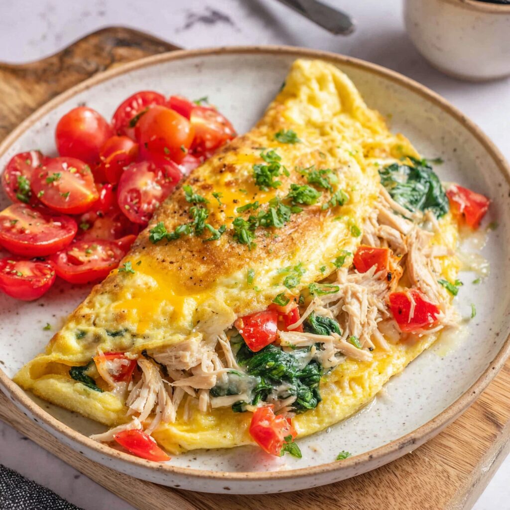 Fluffy omelette, speckled with spinach and chicken, rests on a plate, ready to be enjoyed.