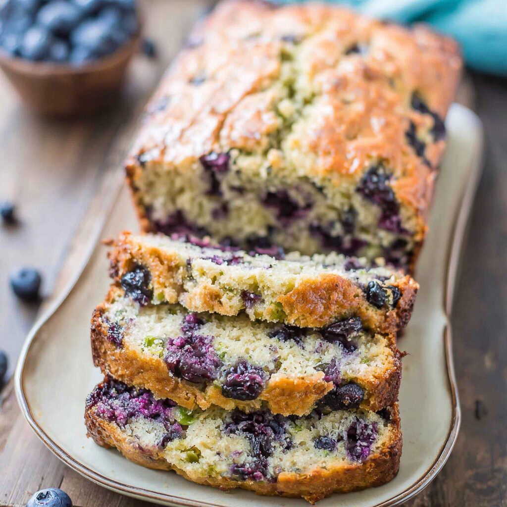 A moist, golden loaf of blueberry banana zucchini bread promises a delightful blend of flavors and textures.