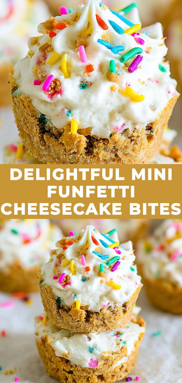 A colorful assortment of tiny cheesecakes speckled with rainbow sprinkles promises a sweet and joyful treat.