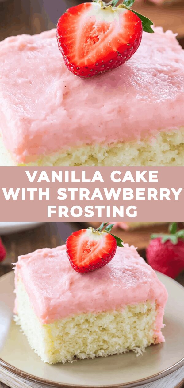 A fluffy vanilla cake, layered with vibrant strawberry frosting, promises a sweet treat.