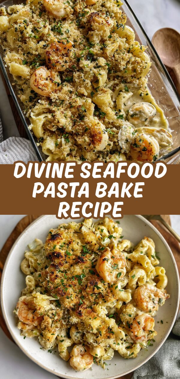 A creamy, bubbling seafood pasta bake with golden-brown cheese and a scattering of fresh herbs promises a delightful, comforting meal.