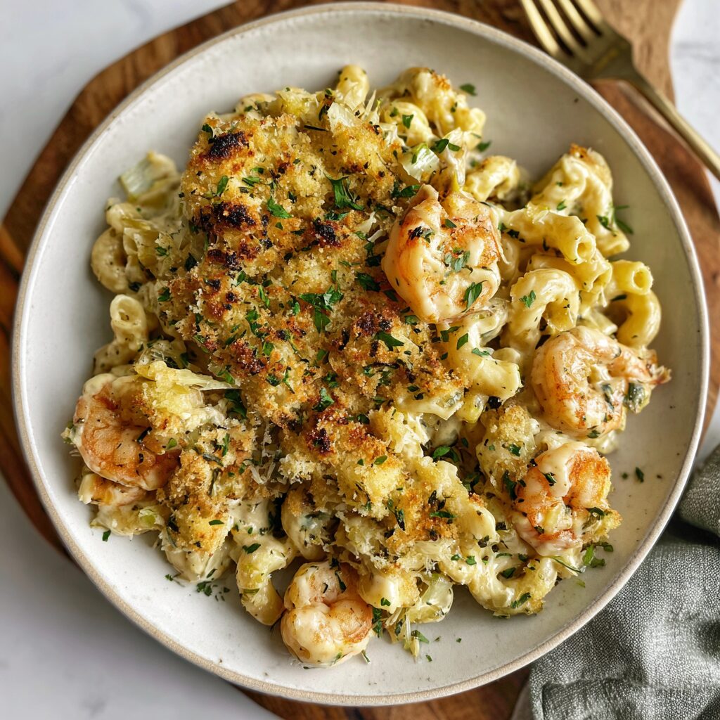 A creamy seafood pasta bake, bubbling and golden with a sprinkle of herbs, promises a comforting culinary experience.