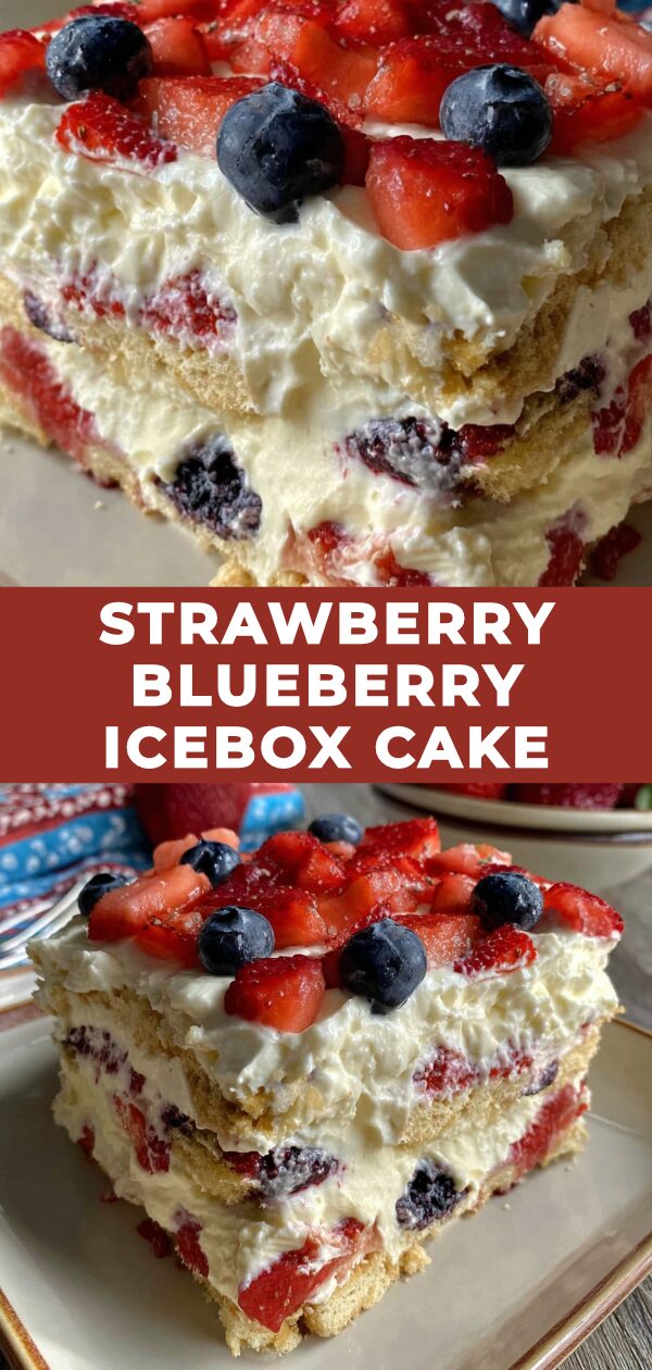 A layered, no-bake icebox cake featuring strawberries and blueberries evokes a sense of refreshing sweetness.