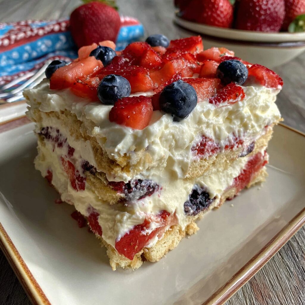 A layered icebox cake features a creamy filling between graham cracker layers, adorned with fresh strawberries and blueberries.
