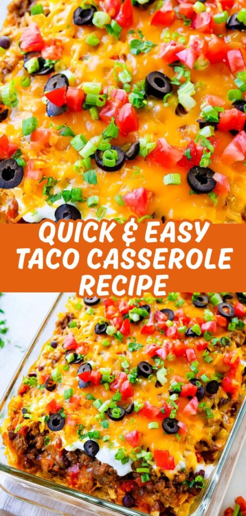 Vibrant taco casserole featuring layers of melted cheddar, savory meat, diced tomatoes, olives, and scallions in a glass dish.
