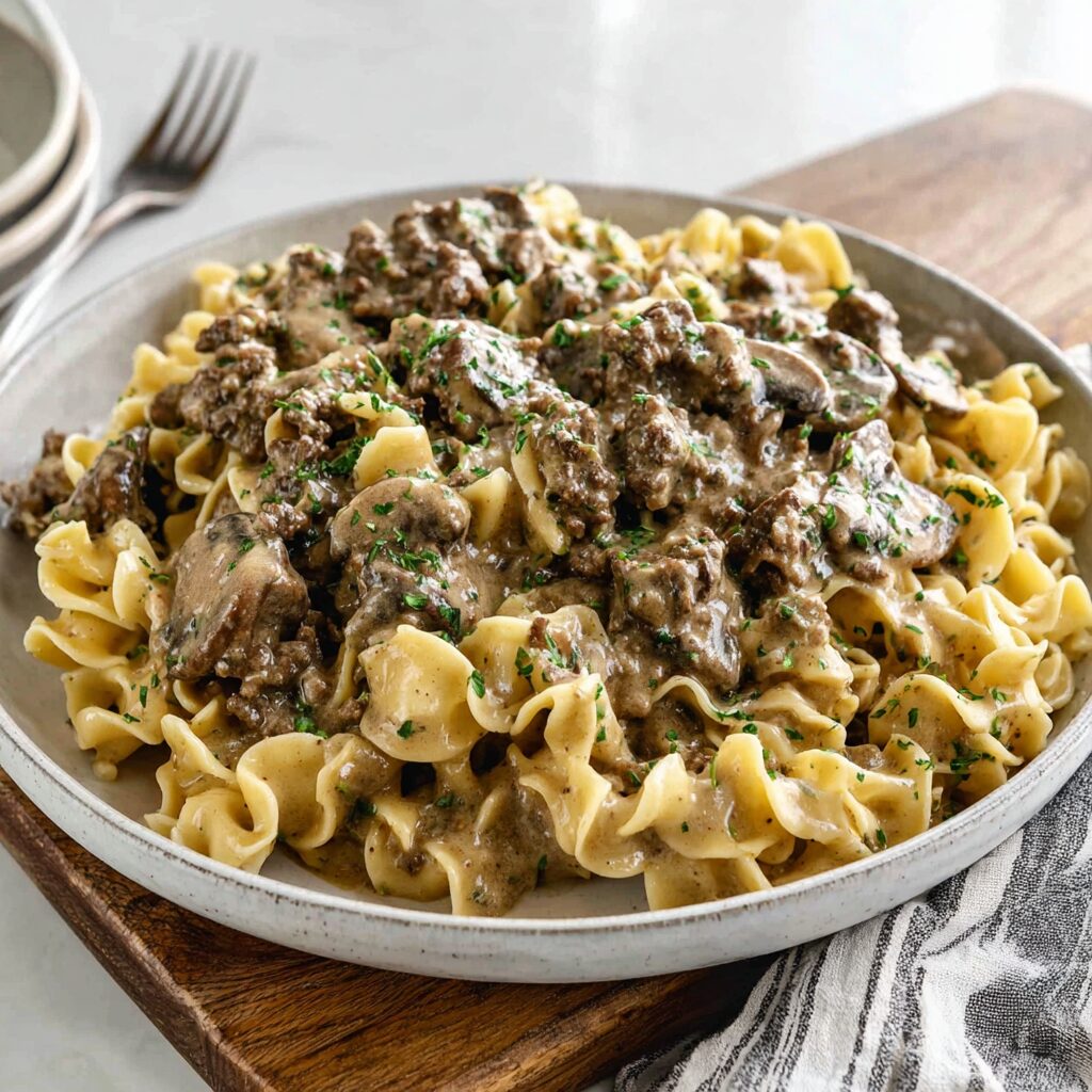 A creamy, savory bowl of hamburger stroganoff is pictured, ready to be enjoyed.