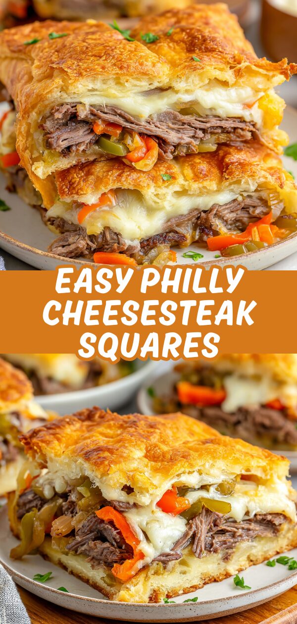 Squares of cheesy Philly cheesesteak, perfect for sharing, sit ready to be devoured.