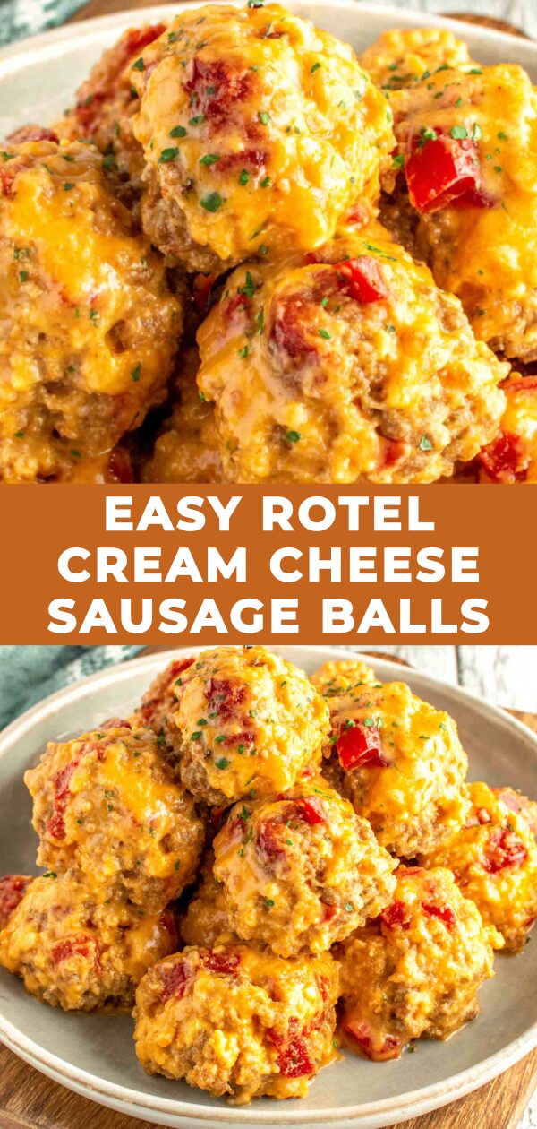 Golden-brown sausage balls, baked to perfection with Rotel and cream cheese, await their savory destiny.