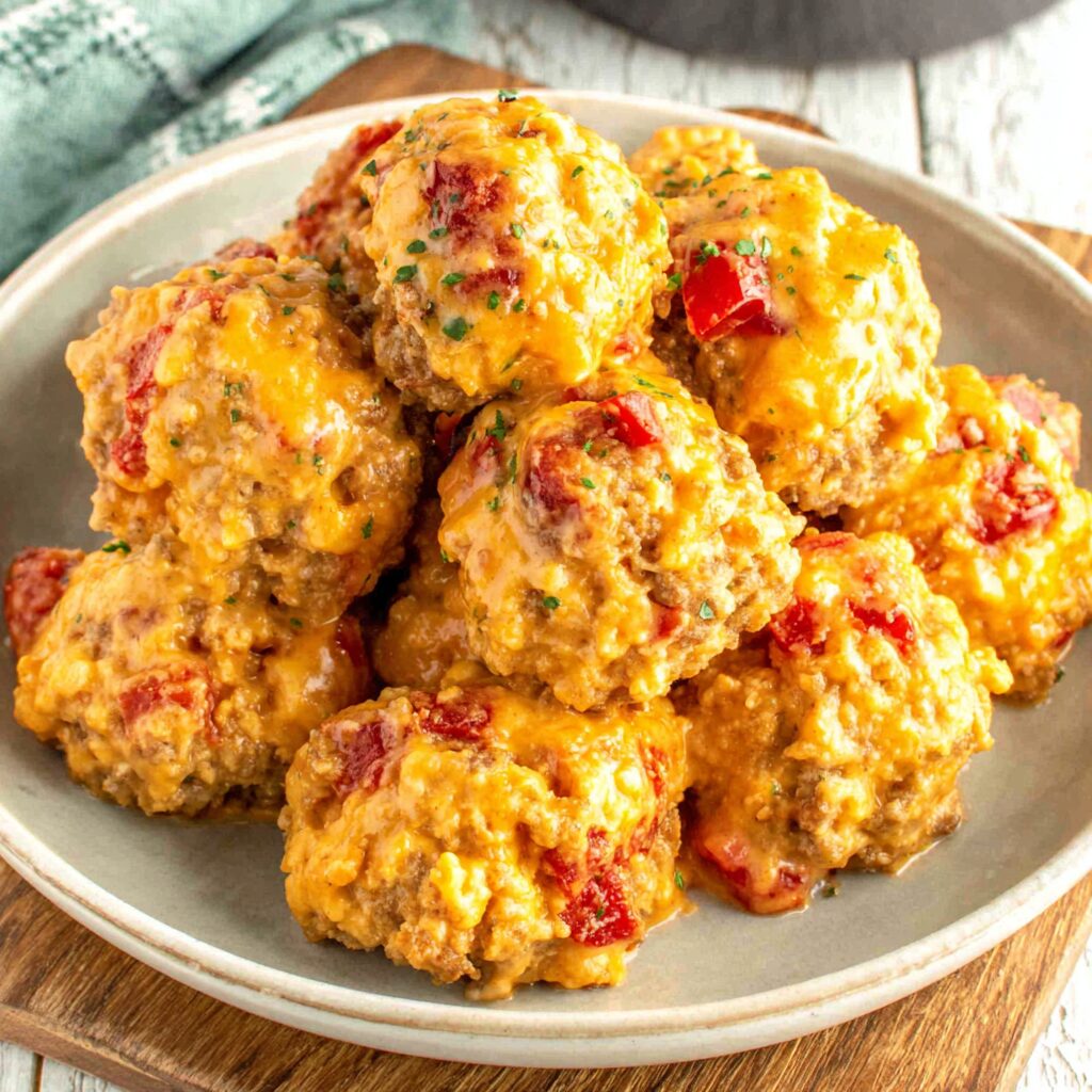 Golden-brown sausage balls, baked to perfection, rest on a baking sheet, promising a delicious and simple appetizer.