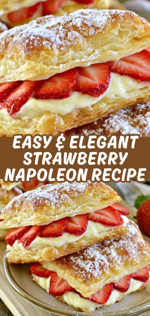 A vertical recipe graphic showcasing stacked strawberry napoleons with crisp pastry layers, velvety cream, and fresh berries.